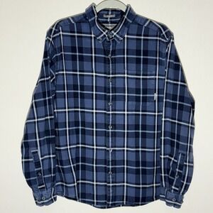 Eddie Bauer Flannel‎ Shirt Mens L Blue Black Plaid LS Button Up Classic Fit Work